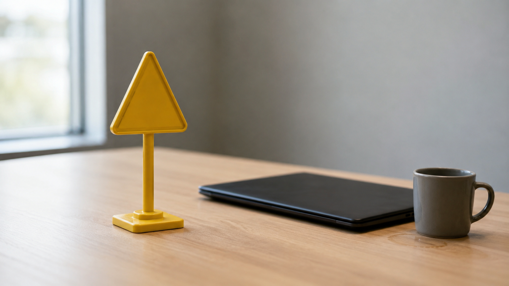 A small unbranded yellow caution marker standing upright on an empty light wood desk beside a closed laptop and a cold cup of coffee, in soft natural side daylight, with negative space on one side of the frame.