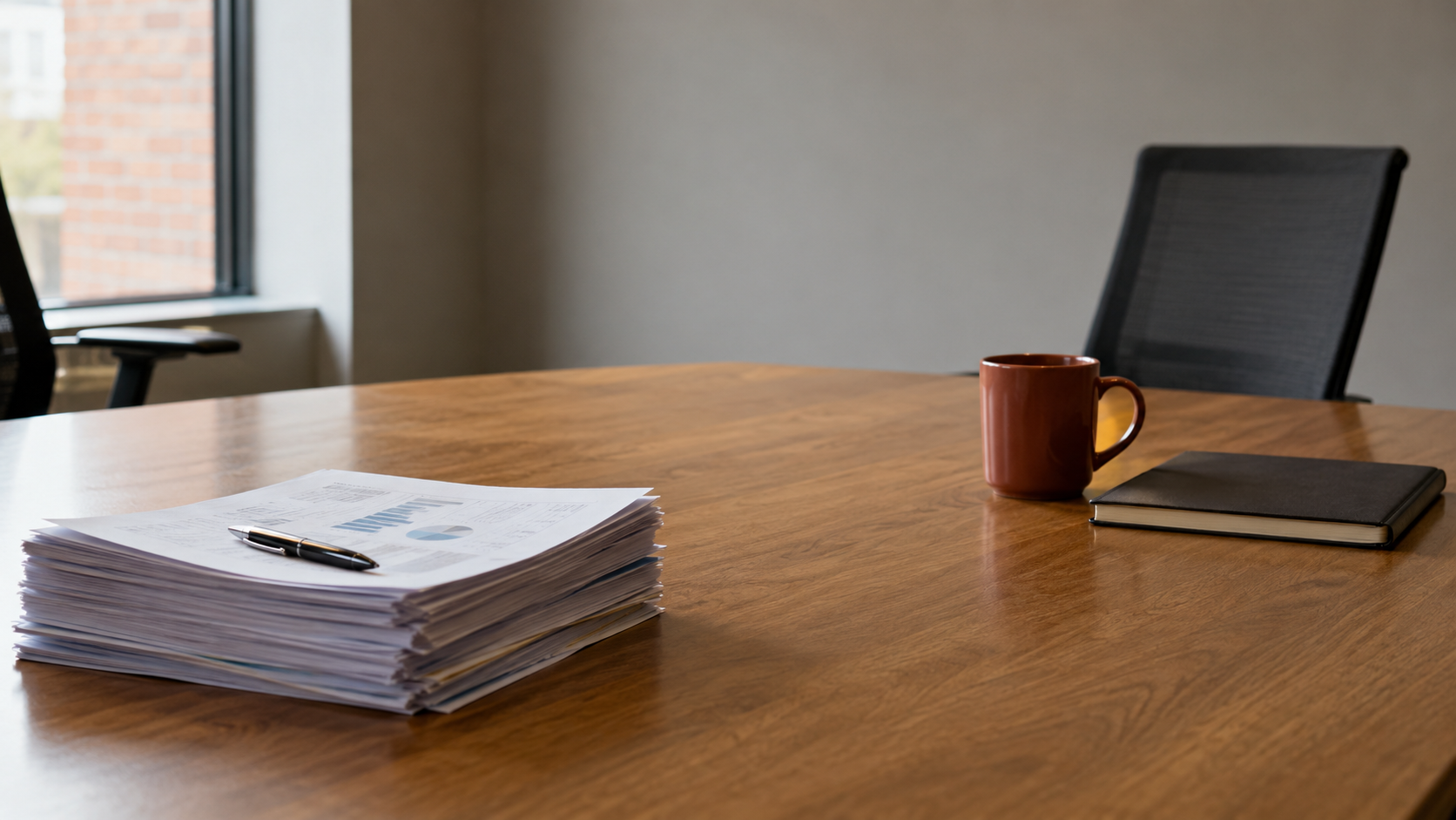 A conference room table seen from a slight angle, with a tidy stack of printed reports and a pen on one side and a coffee cup beside a closed notebook with a chair pushed back on the other side, the empty space between them at the center of the composition, in soft natural side daylight.