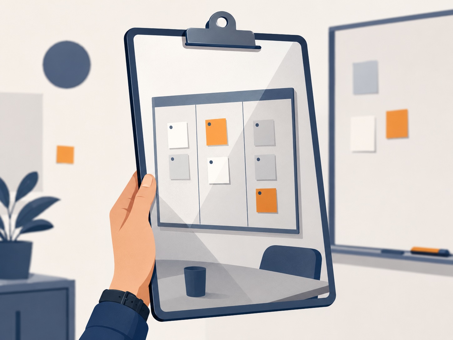 Illustration of an audit checklist reflecting a huddle board, representing a Lean audit turned back on your own improvement program