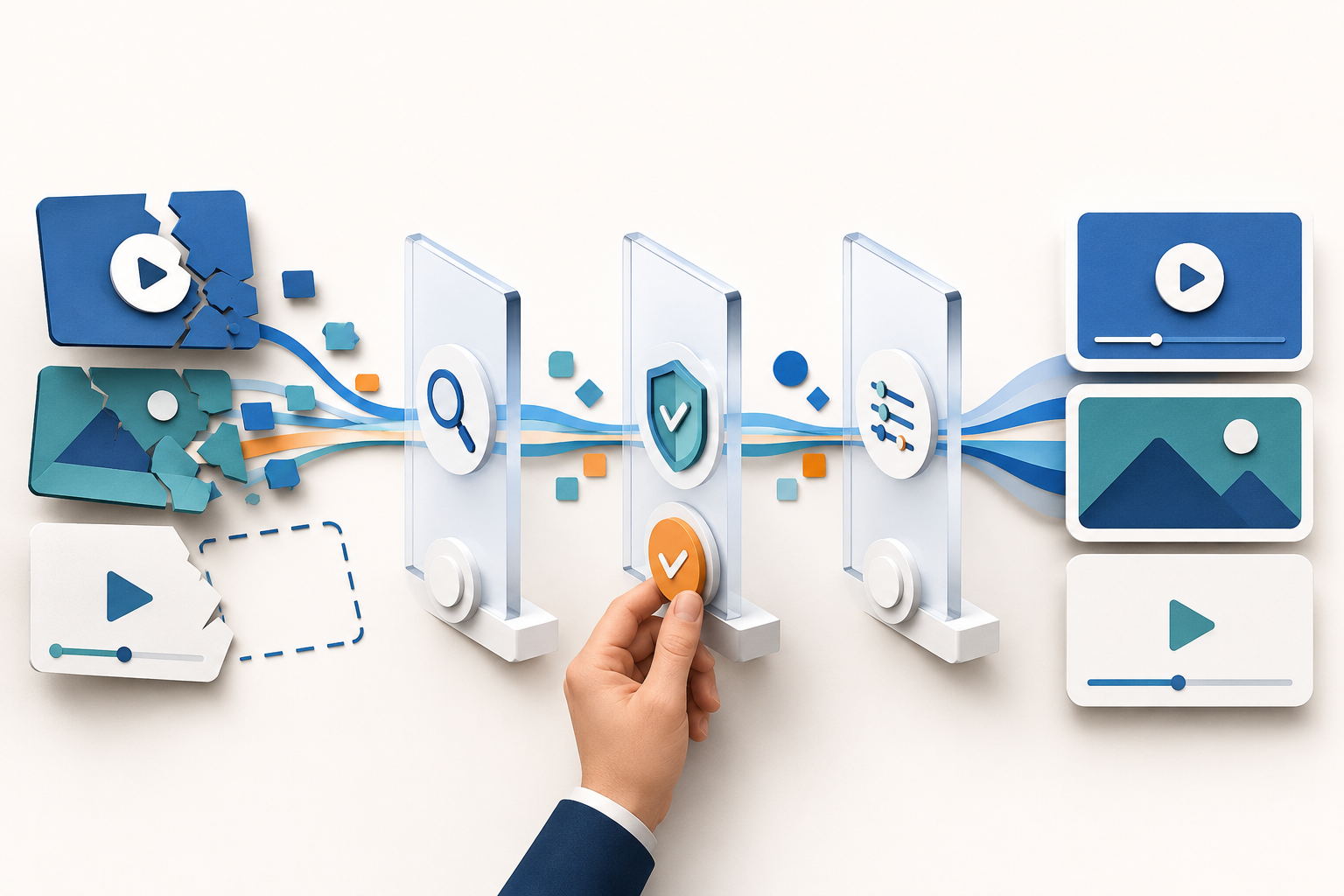 Broken media embeds moving through verification checkpoints and emerging as working media players.